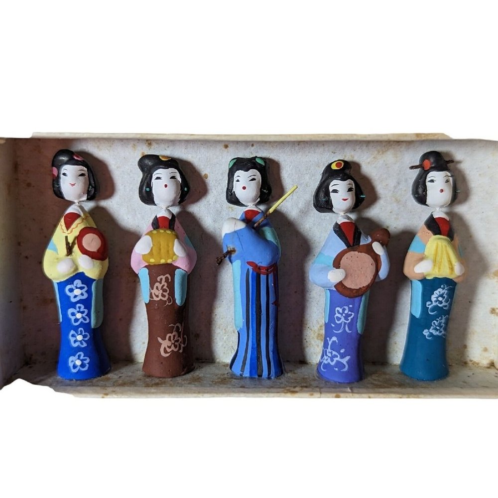 5 Vintage Mini Figurine Chinese women playing musical instruments in box.